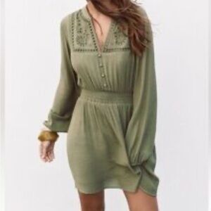 Zara women’s green cutwork embroidered long sleeve mini dress size Large XL